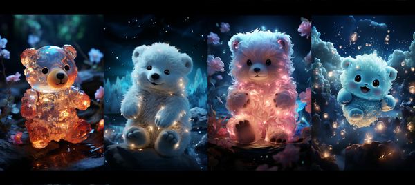 Un ursuleț magic și drăguț cu un corp strălucitor transparent plutește într-un peisaj magic de noapte