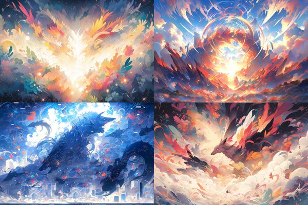 O pictură abstractă plină de culori vibrante, vârtejuri și pensule îndrăznețe, surprinzând explozia de idei creative