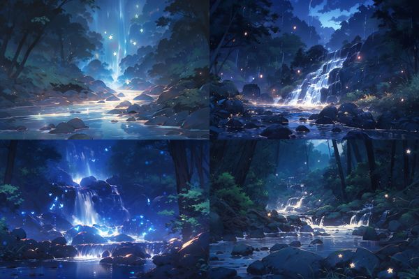 O cascadă în mijlocul unei păduri noaptea, prin ploaie